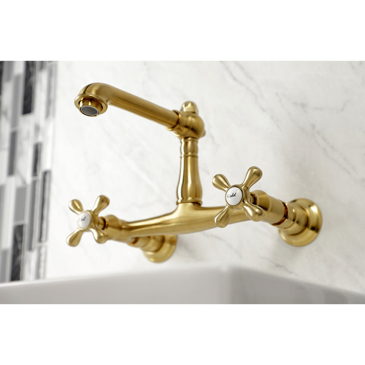 English Country KS7247AX Two-Handle 2-Hole Wall Mount Bathroom Faucet, Brushed Brass