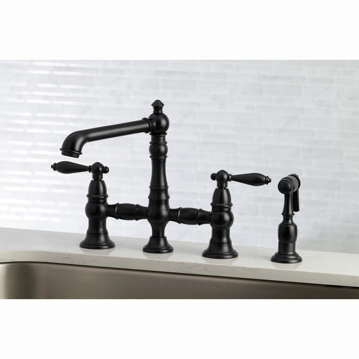 English Country KS7270ALBS Two-Handle 4-Hole Deck Mount Bridge Kitchen Faucet with Side Sprayer, Matte Black
