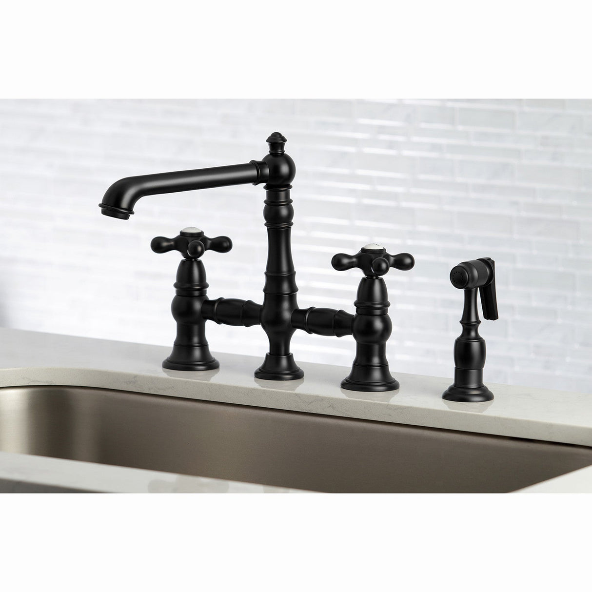 English Country KS7270AXBS Two-Handle 4-Hole Deck Mount Bridge Kitchen Faucet with Side Sprayer, Matte Black