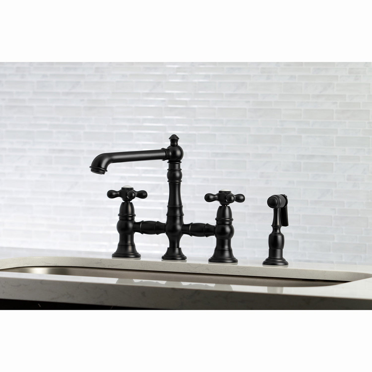 English Country KS7270AXBS Two-Handle 4-Hole Deck Mount Bridge Kitchen Faucet with Side Sprayer, Matte Black