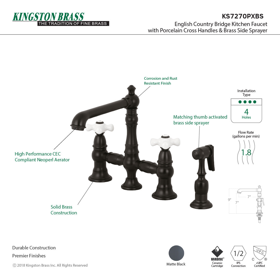 English Country KS7270PXBS Two-Handle 4-Hole Deck Mount Bridge Kitchen Faucet with Side Sprayer, Matte Black