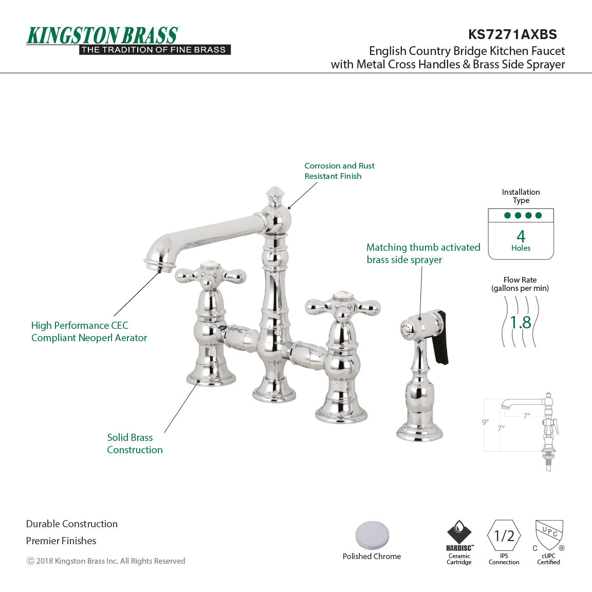English Country KS7271AXBS Two-Handle 4-Hole Deck Mount Bridge Kitchen Faucet with Side Sprayer, Polished Chrome