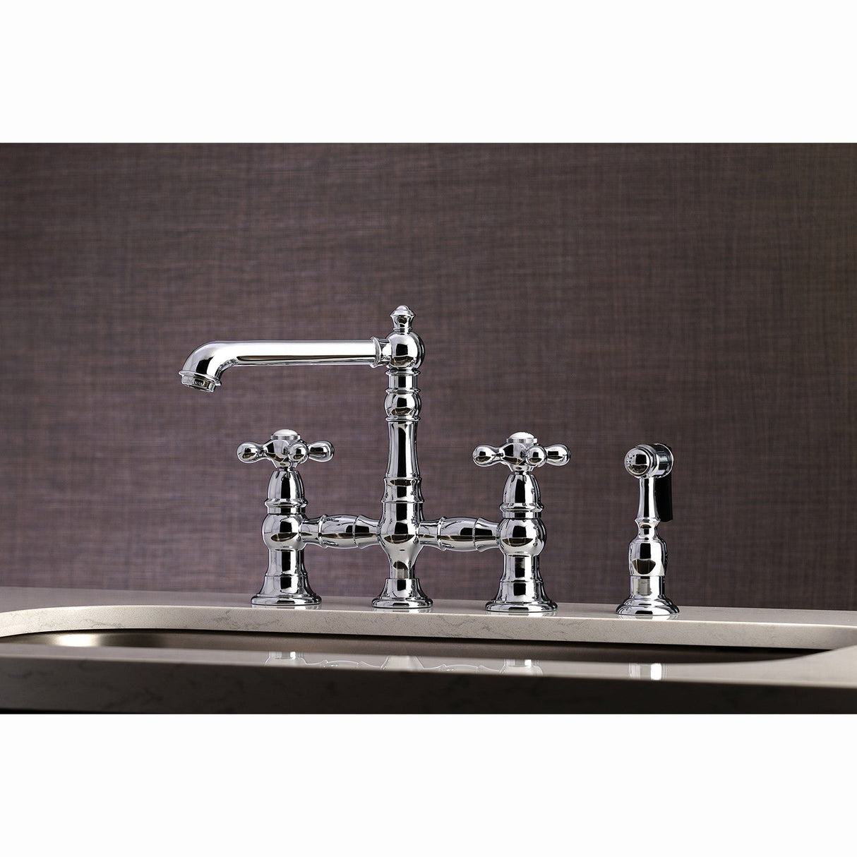 English Country KS7271AXBS Two-Handle 4-Hole Deck Mount Bridge Kitchen Faucet with Side Sprayer, Polished Chrome