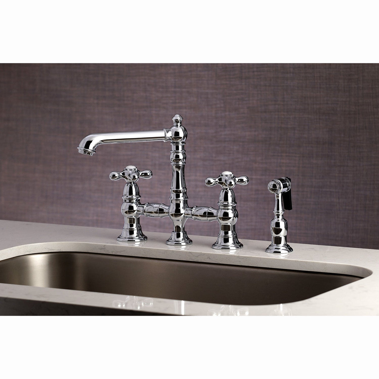 English Country KS7271AXBS Two-Handle 4-Hole Deck Mount Bridge Kitchen Faucet with Side Sprayer, Polished Chrome