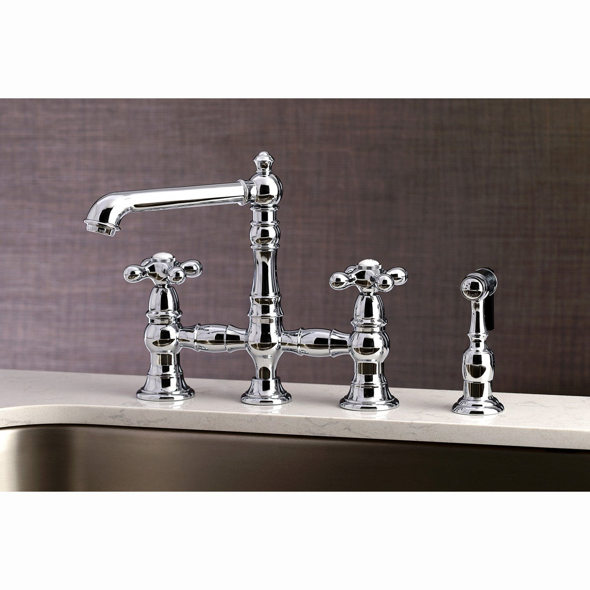 English Country KS7271AXBS Two-Handle 4-Hole Deck Mount Bridge Kitchen Faucet with Side Sprayer, Polished Chrome