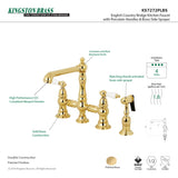 English Country KS7272PLBS Two-Handle 4-Hole Deck Mount Bridge Kitchen Faucet with Side Sprayer, Polished Brass
