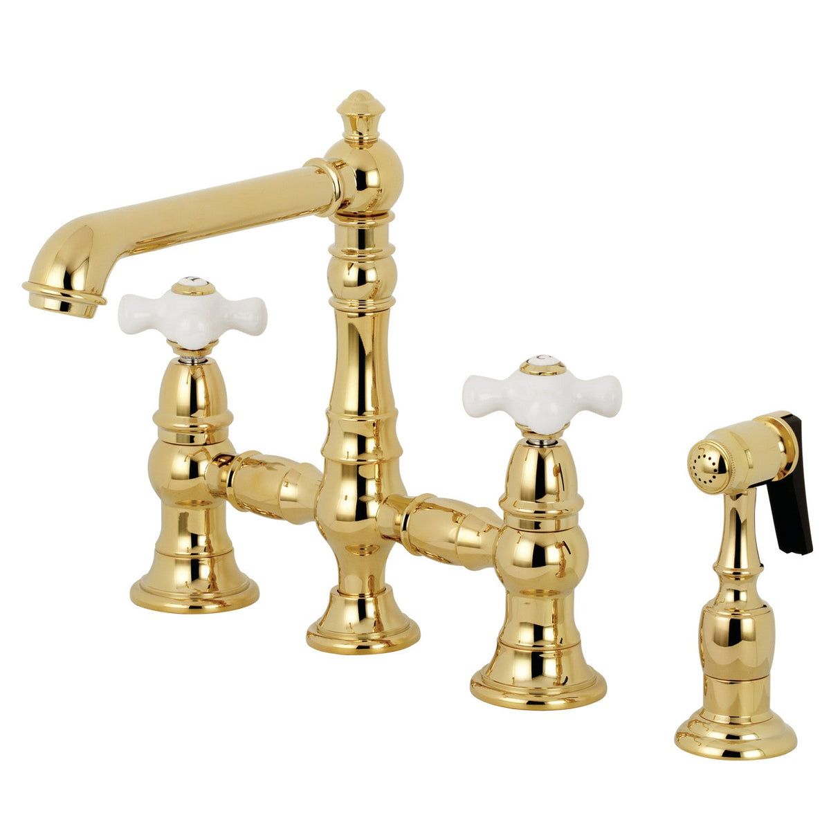 English Country KS7272PXBS Two-Handle 4-Hole Deck Mount Bridge Kitchen Faucet with Side Sprayer, Polished Brass