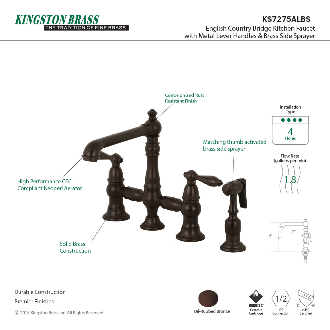 English Country KS7275ALBS Two-Handle 4-Hole Deck Mount Bridge Kitchen Faucet with Side Sprayer, Oil Rubbed Bronze
