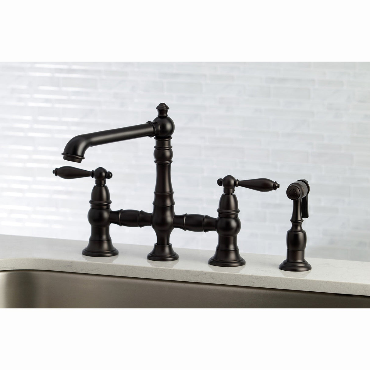English Country KS7275ALBS Two-Handle 4-Hole Deck Mount Bridge Kitchen Faucet with Side Sprayer, Oil Rubbed Bronze