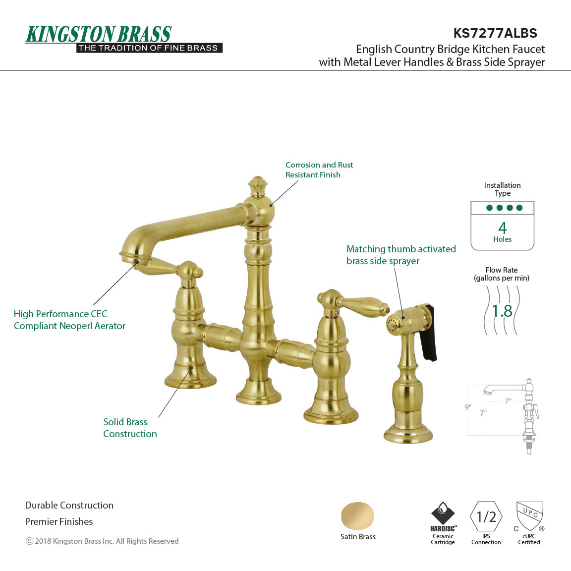 English Country KS7277ALBS Two-Handle 4-Hole Deck Mount Bridge Kitchen Faucet with Side Sprayer, Brushed Brass
