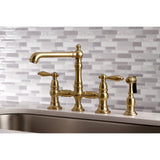 English Country KS7277ALBS Two-Handle 4-Hole Deck Mount Bridge Kitchen Faucet with Side Sprayer, Brushed Brass