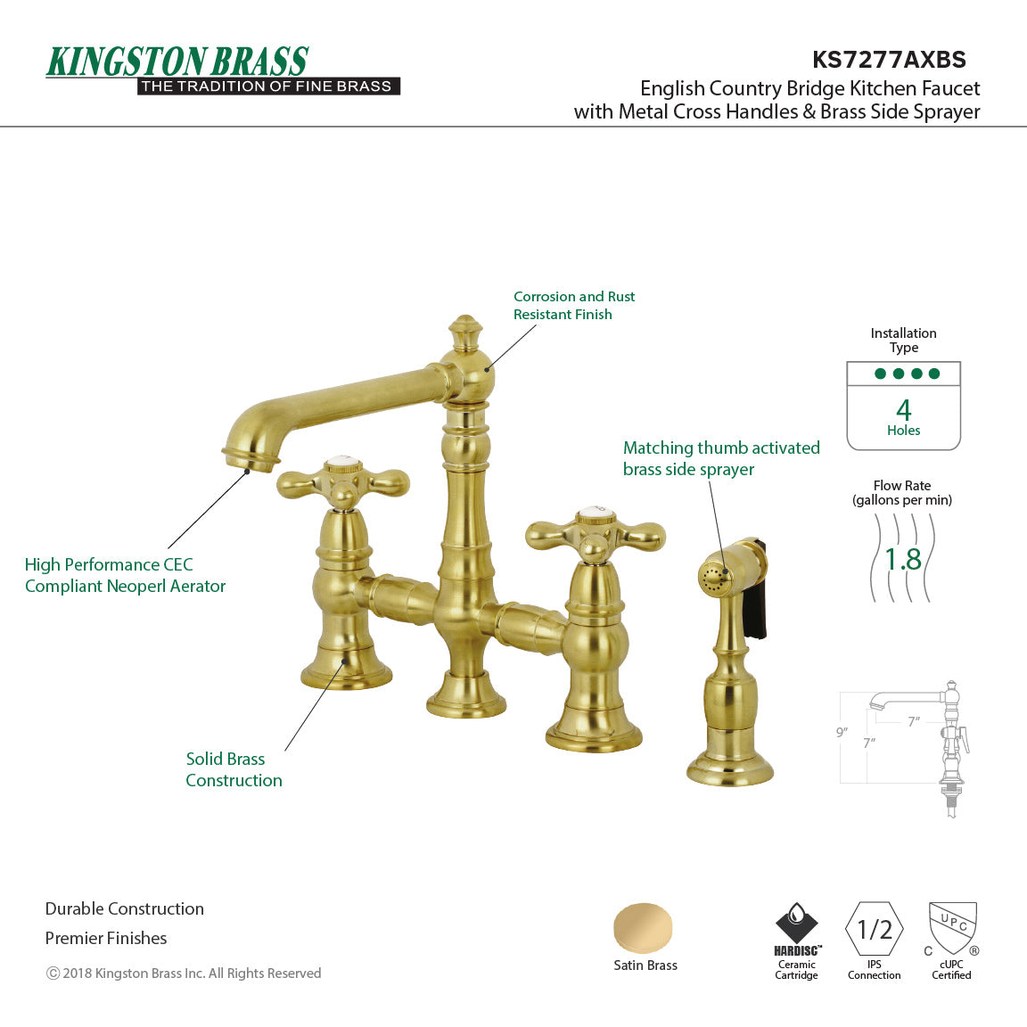English Country KS7277AXBS Two-Handle 4-Hole Deck Mount Bridge Kitchen Faucet with Side Sprayer, Brushed Brass