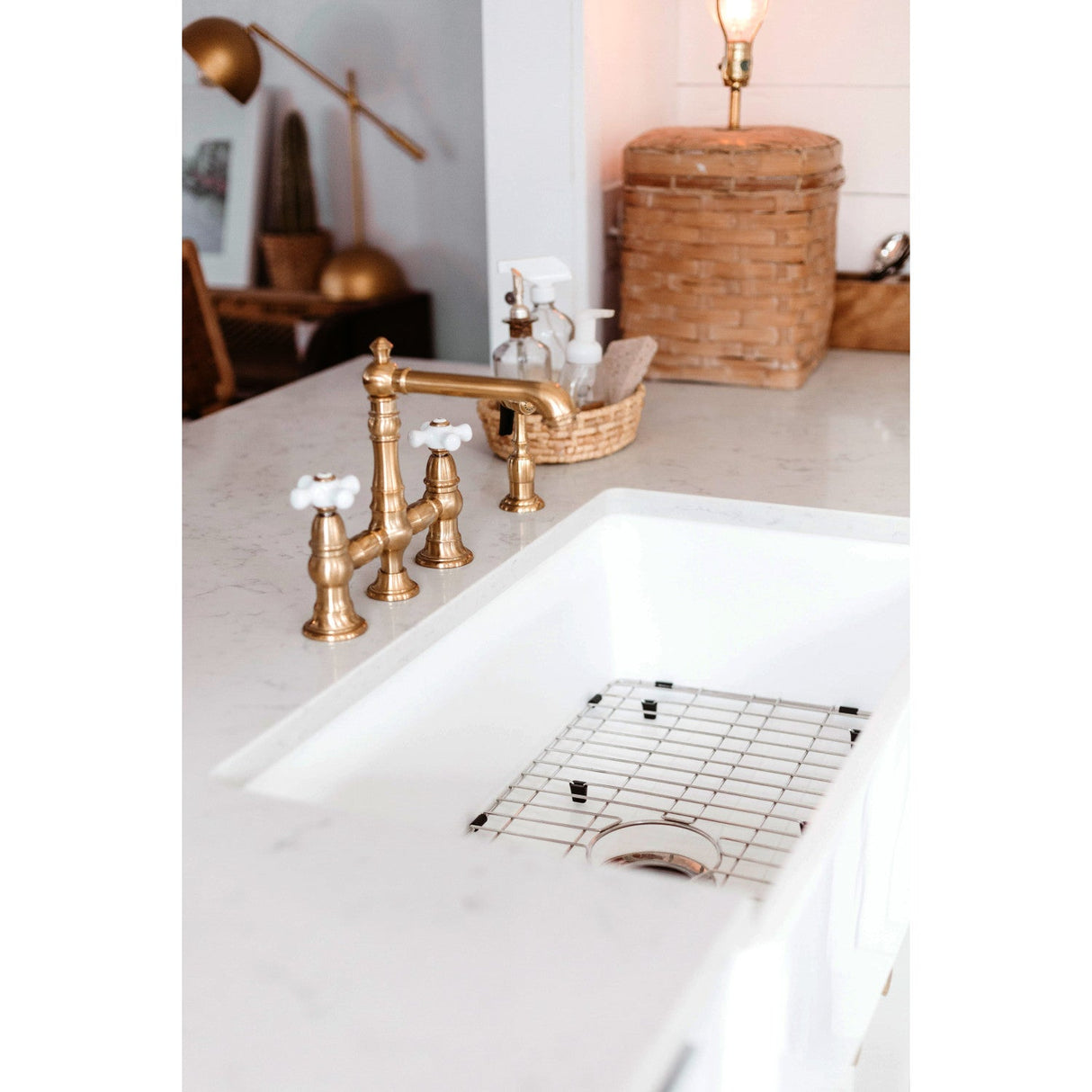 English Country KS7277PXBS Two-Handle 4-Hole Deck Mount Bridge Kitchen Faucet with Side Sprayer, Brushed Brass