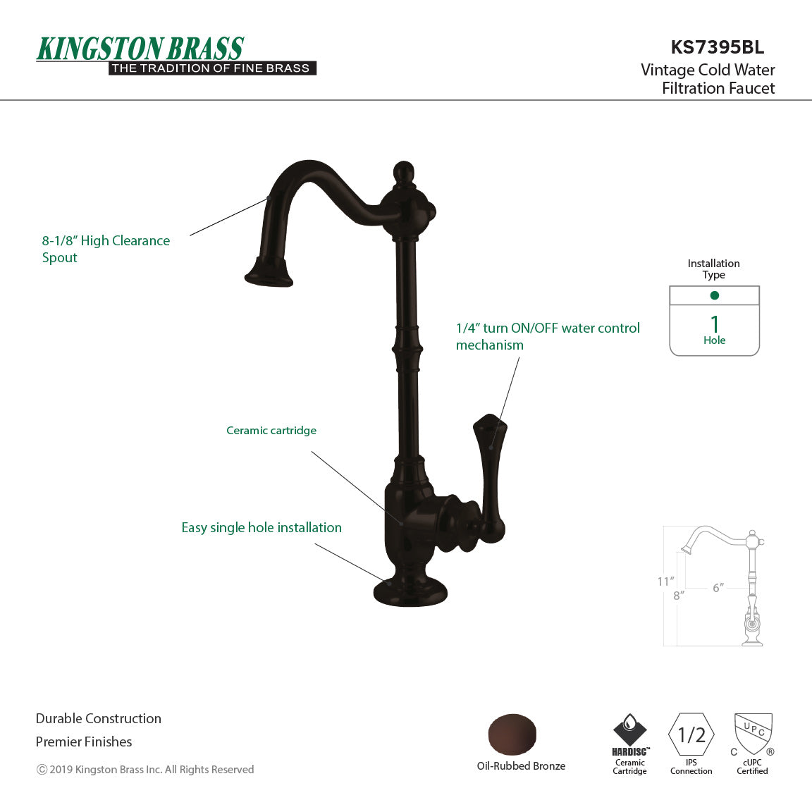 Vintage KS7395BL Single-Handle 1-Hole Deck Mount Water Filtration Faucet, Oil Rubbed Bronze