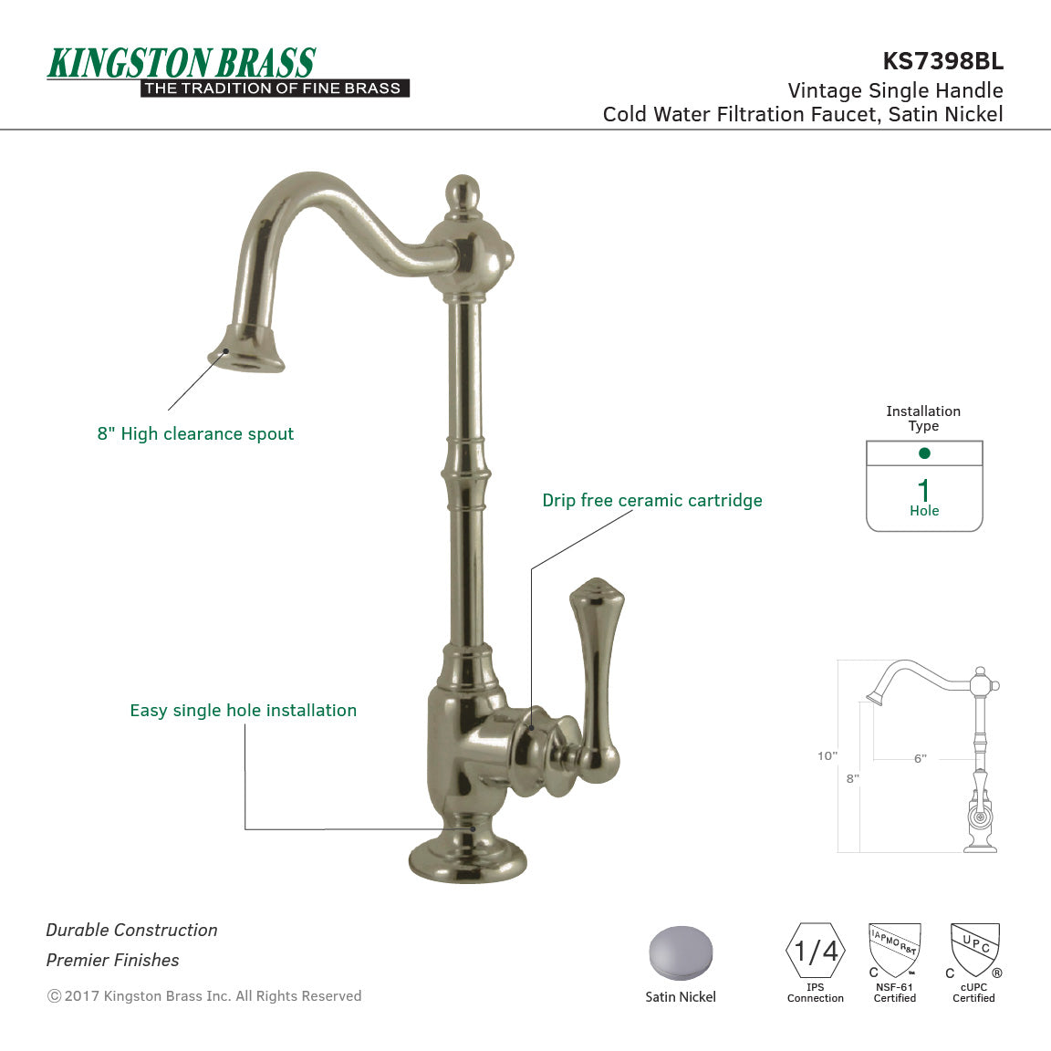 Vintage KS7398BL Single-Handle 1-Hole Deck Mount Water Filtration Faucet, Brushed Nickel