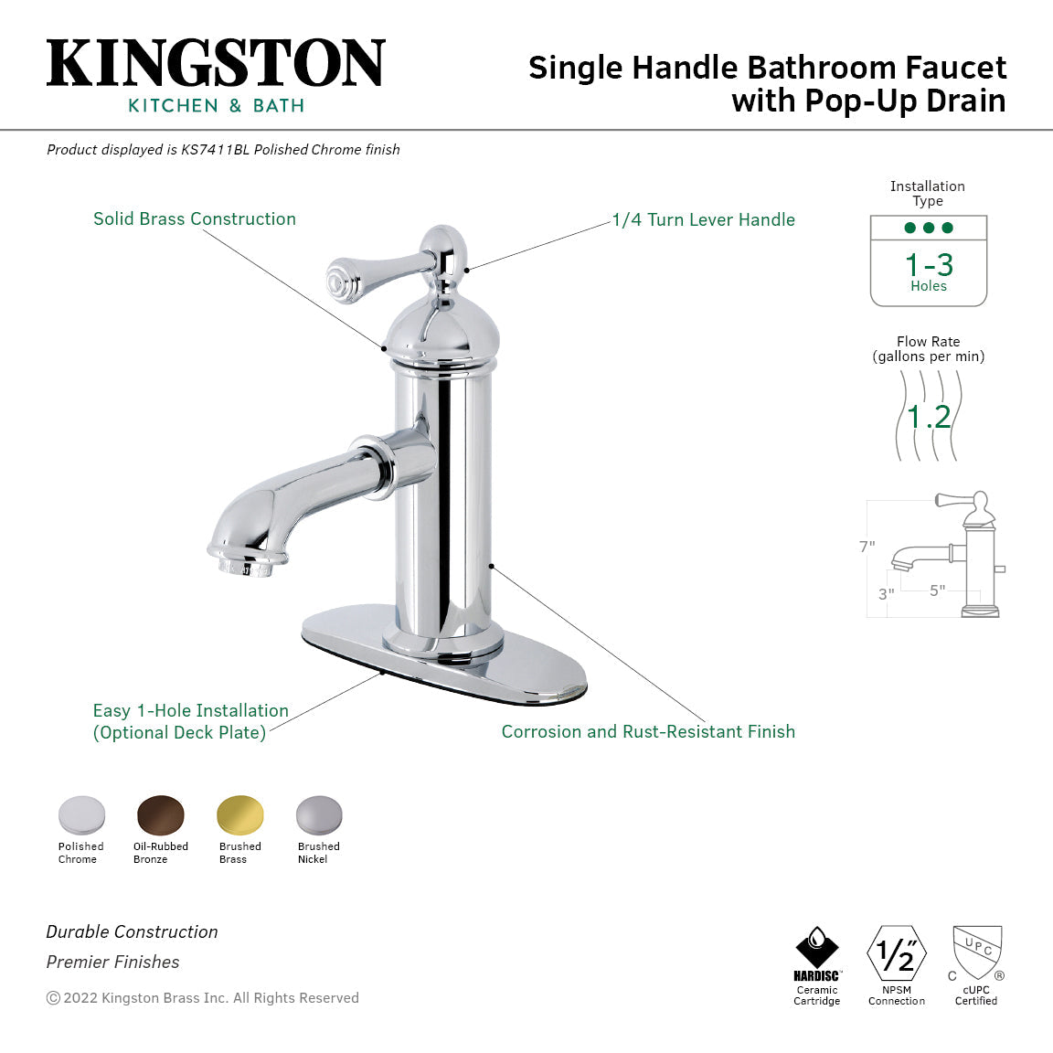 Paris KS7415BL Single-Handle 1-Hole Deck Mount Bathroom Faucet with Brass Pop-Up, Oil Rubbed Bronze