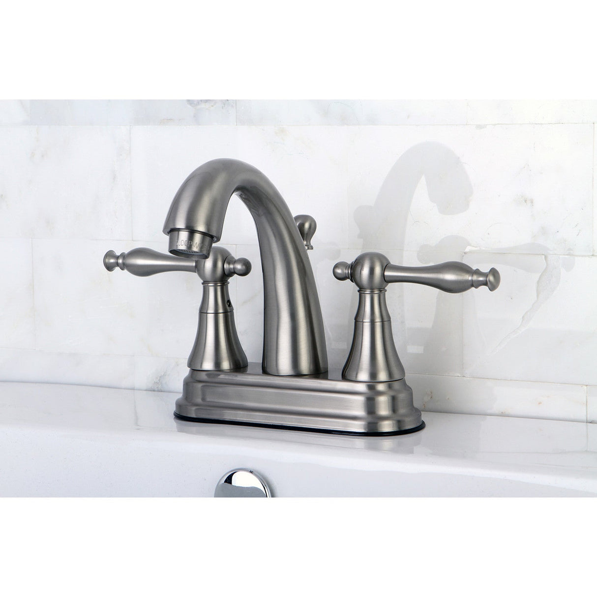 Normandy KS7618NL Two-Handle 3-Hole Deck Mount 4" Centerset Bathroom Faucet with Brass Pop-Up, Brushed Nickel