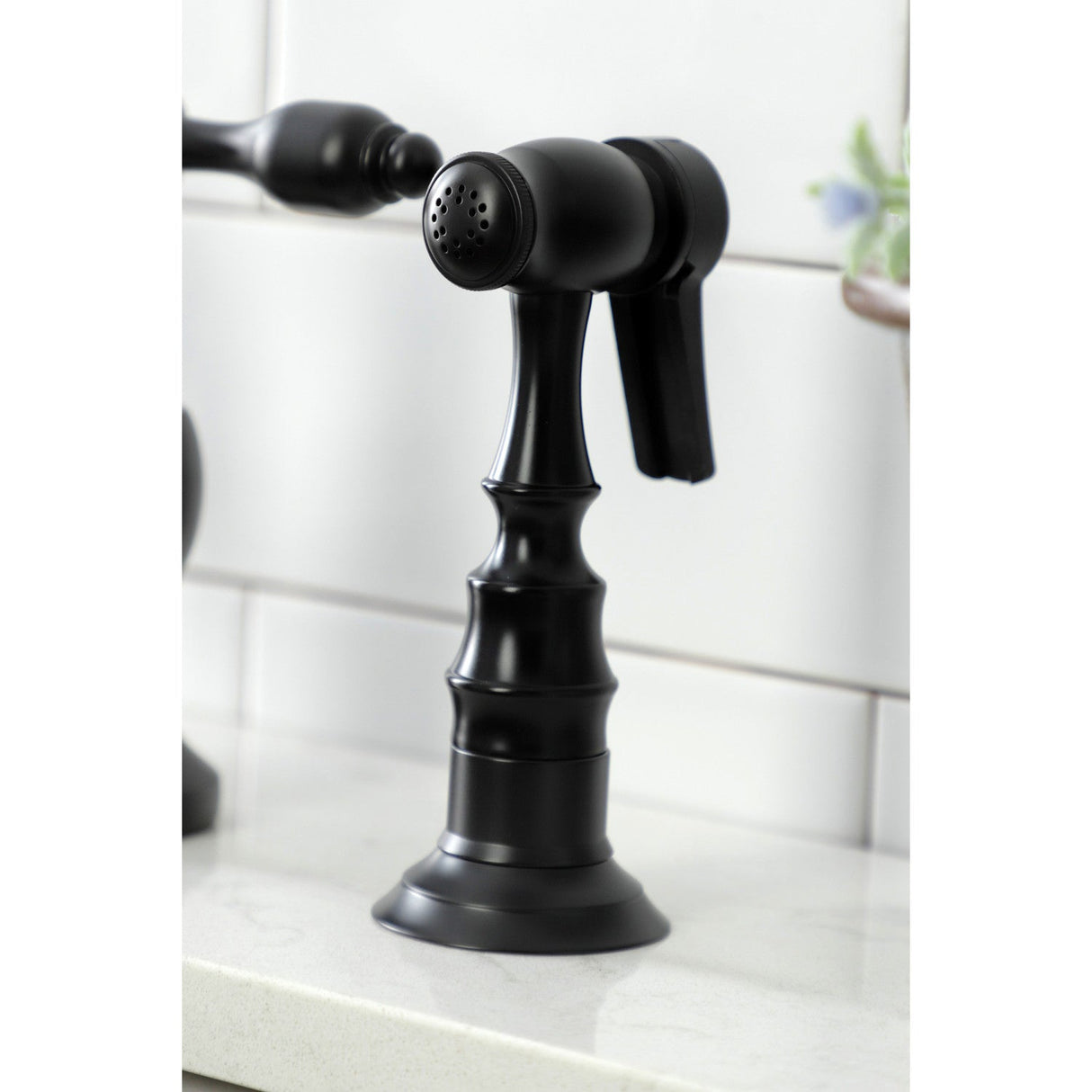 Tudor KS7750TALBS Two-Handle 3-Hole Deck Mount Bridge Kitchen Faucet with Brass Sprayer, Matte Black