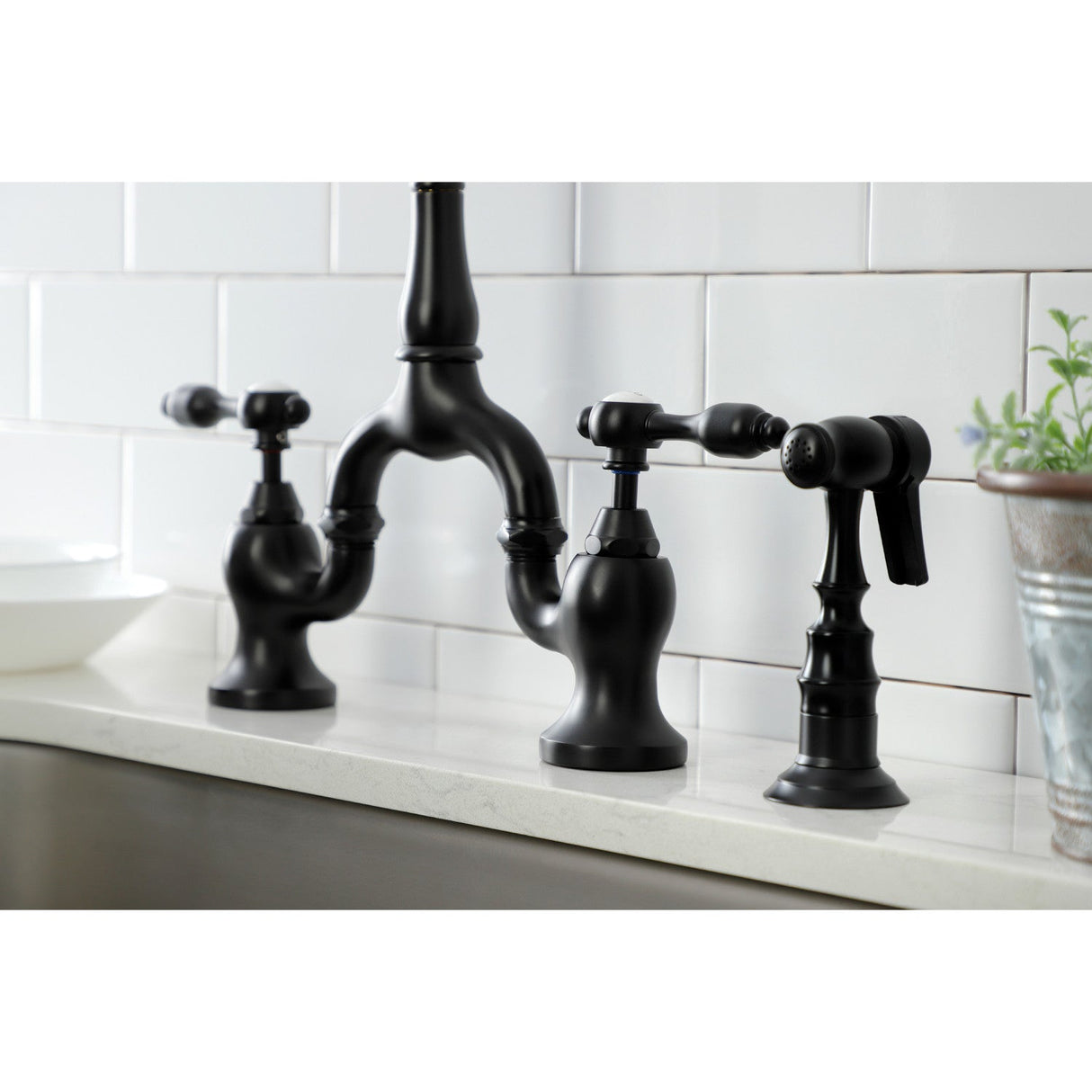 Tudor KS7750TALBS Two-Handle 3-Hole Deck Mount Bridge Kitchen Faucet with Brass Sprayer, Matte Black