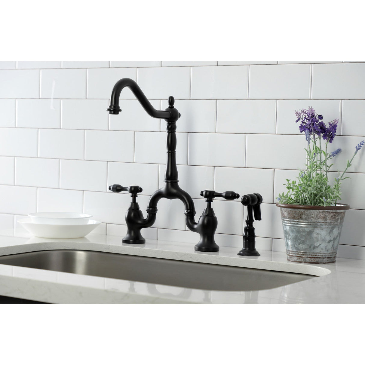 Tudor KS7750TALBS Two-Handle 3-Hole Deck Mount Bridge Kitchen Faucet with Brass Sprayer, Matte Black