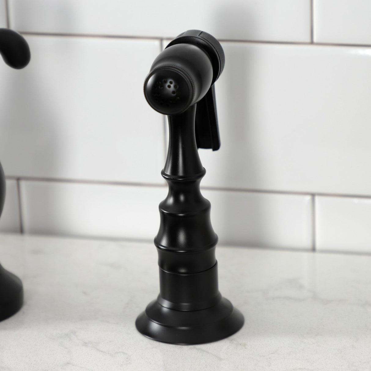 French Country KS7750TXBS Two-Handle 3-Hole Deck Mount Bridge Kitchen Faucet with Brass Sprayer, Matte Black