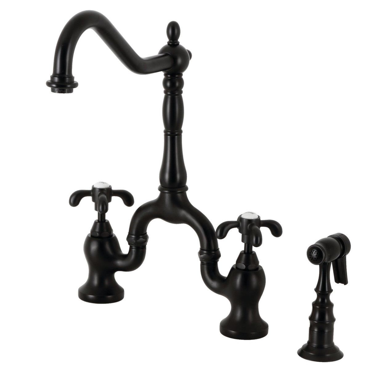 French Country KS7750TXBS Two-Handle 3-Hole Deck Mount Bridge Kitchen Faucet with Brass Sprayer, Matte Black