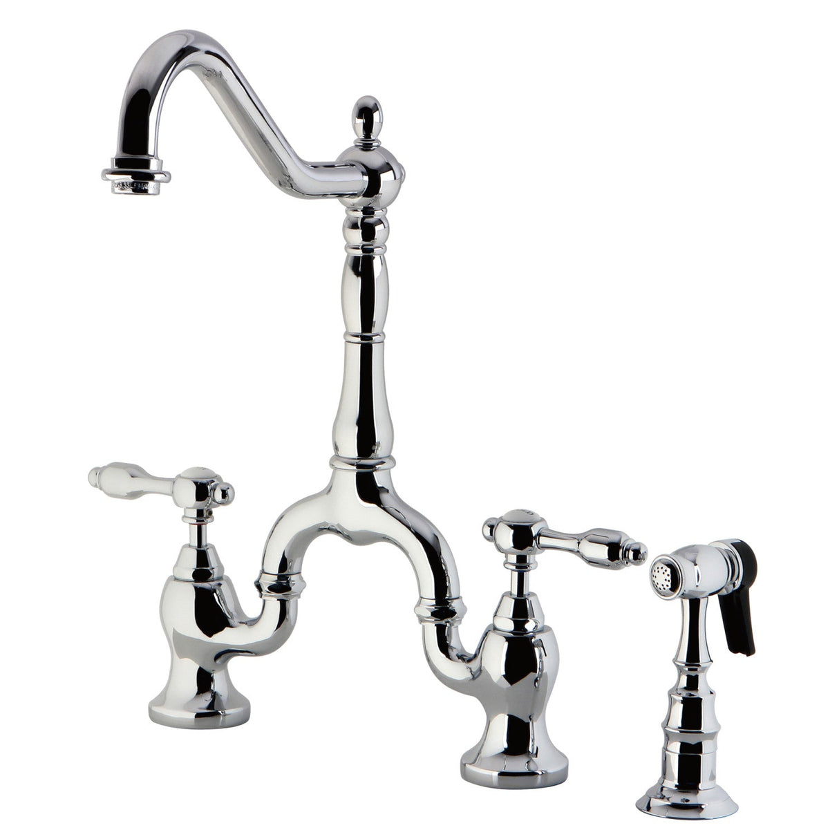 Tudor KS7751TALBS Two-Handle 3-Hole Deck Mount Bridge Kitchen Faucet with Brass Sprayer, Polished Chrome