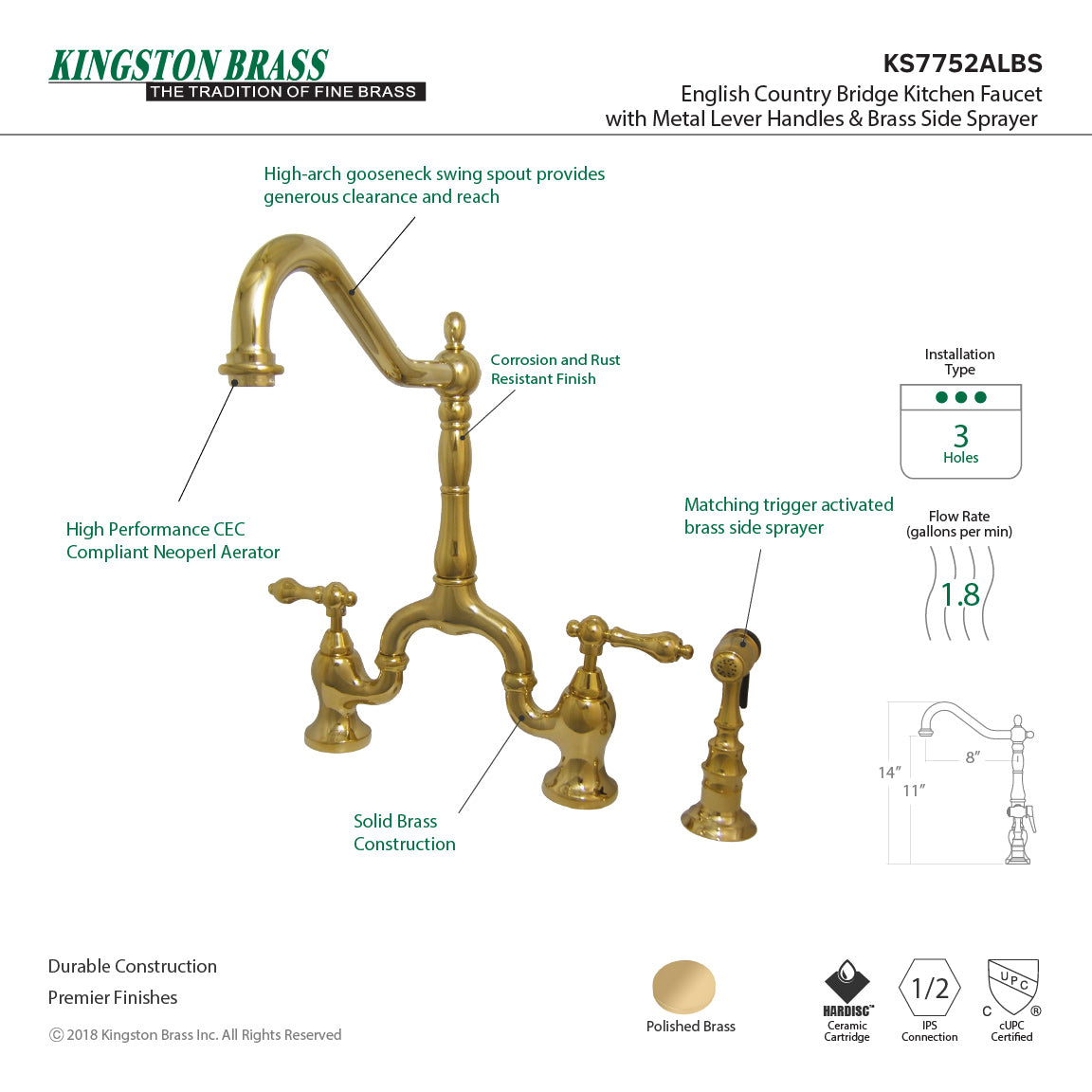 English Country KS7752ALBS Two-Handle 3-Hole Deck Mount Bridge Kitchen Faucet with Brass Sprayer, Polished Brass