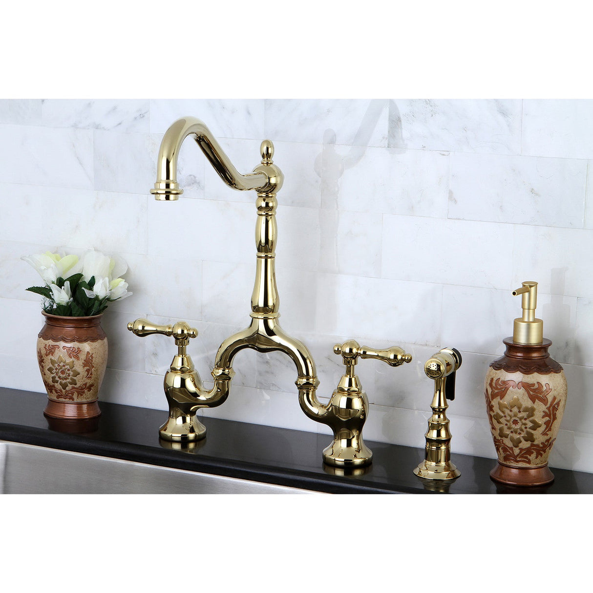 English Country KS7752ALBS Two-Handle 3-Hole Deck Mount Bridge Kitchen Faucet with Brass Sprayer, Polished Brass