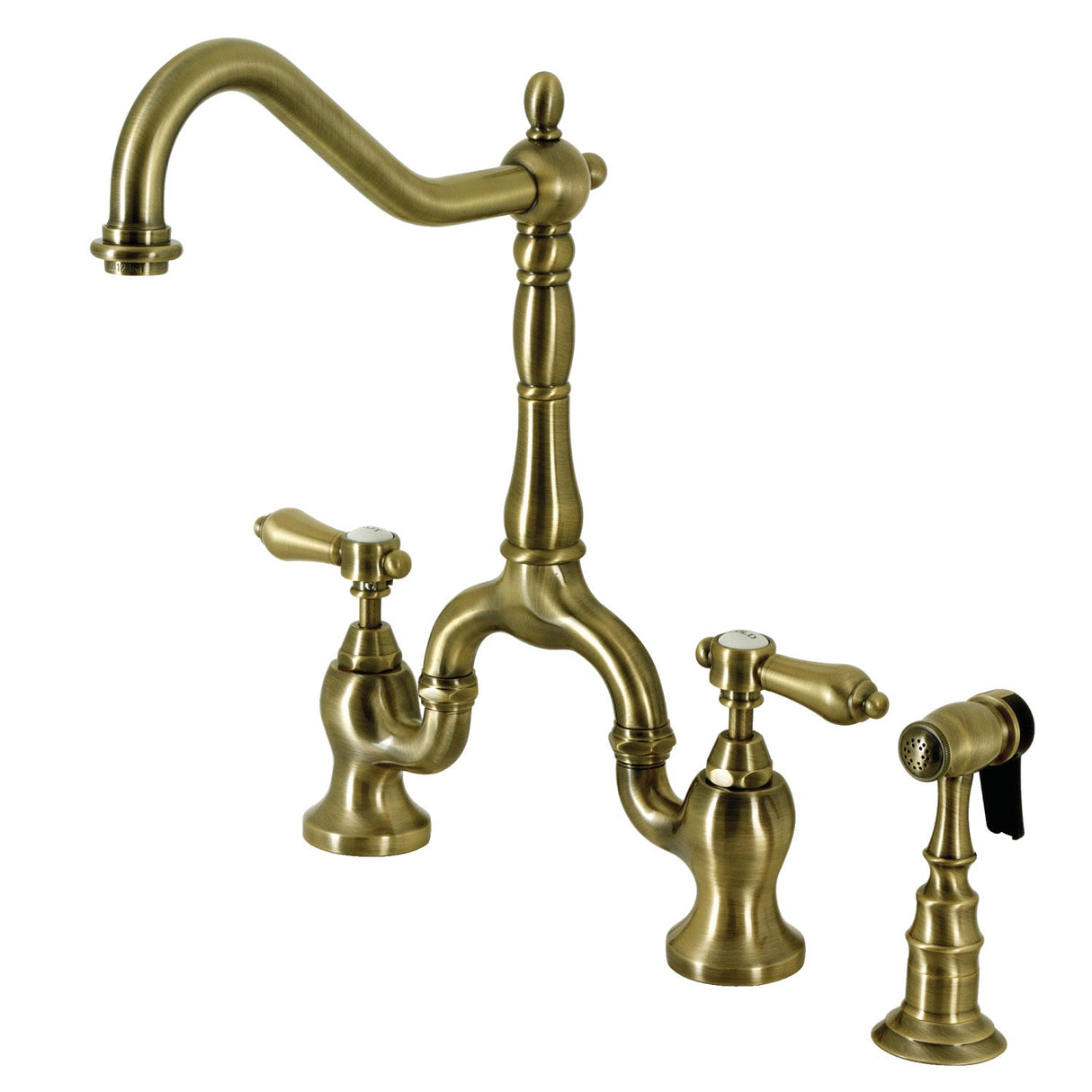 Heirloom KS7753BALBS Two-Handle 3-Hole Deck Mount Bridge Kitchen Faucet with Brass Sprayer, Antique Brass