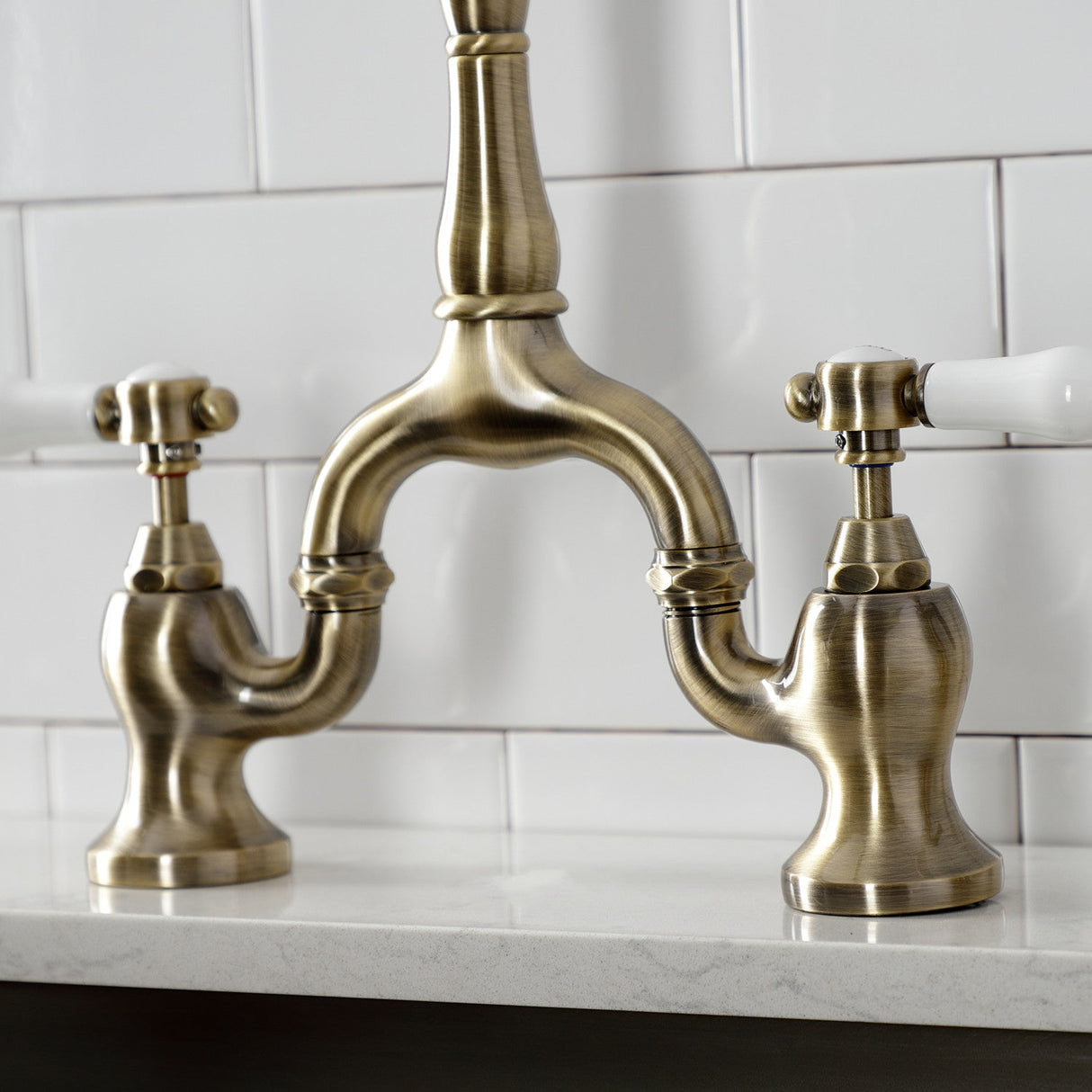 Bel-Air KS7753BPLBS Two-Handle 3-Hole Deck Mount Bridge Kitchen Faucet with Brass Sprayer, Antique Brass