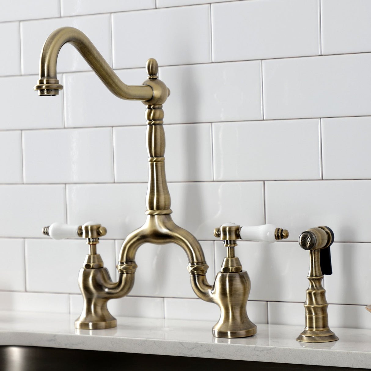 Bel-Air KS7753BPLBS Two-Handle 3-Hole Deck Mount Bridge Kitchen Faucet with Brass Sprayer, Antique Brass