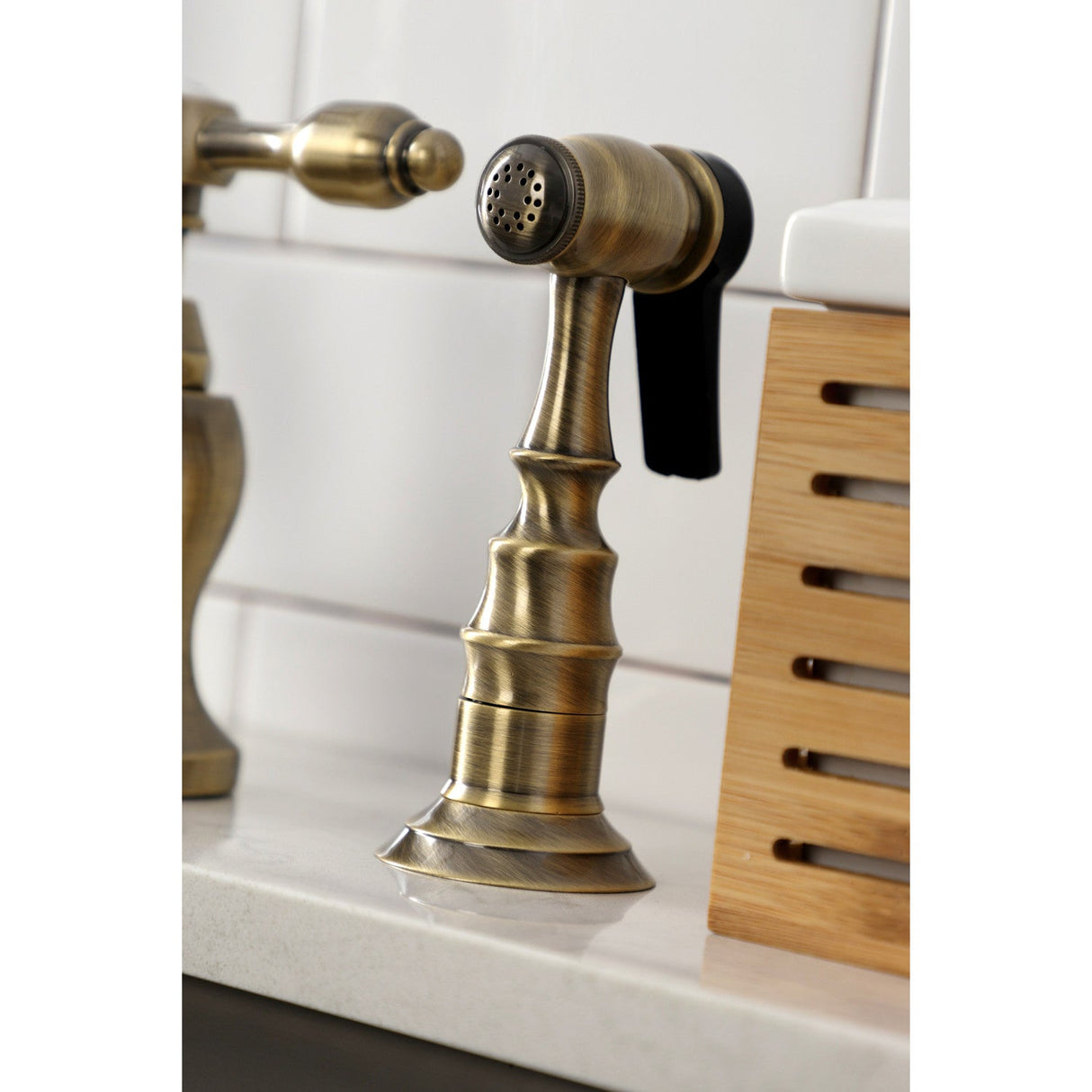 Tudor KS7753TALBS Two-Handle 3-Hole Deck Mount Bridge Kitchen Faucet with Brass Sprayer, Antique Brass