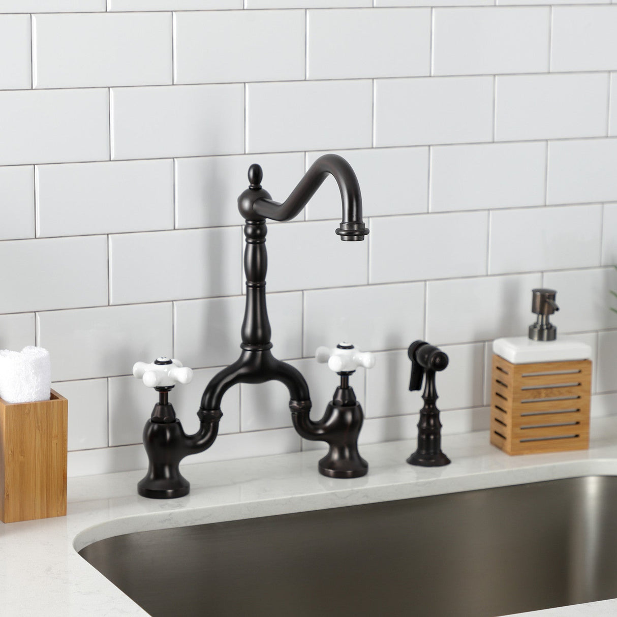 English Country KS7755PXBS Two-Handle 3-Hole Deck Mount Bridge Kitchen Faucet with Brass Sprayer, Oil Rubbed Bronze