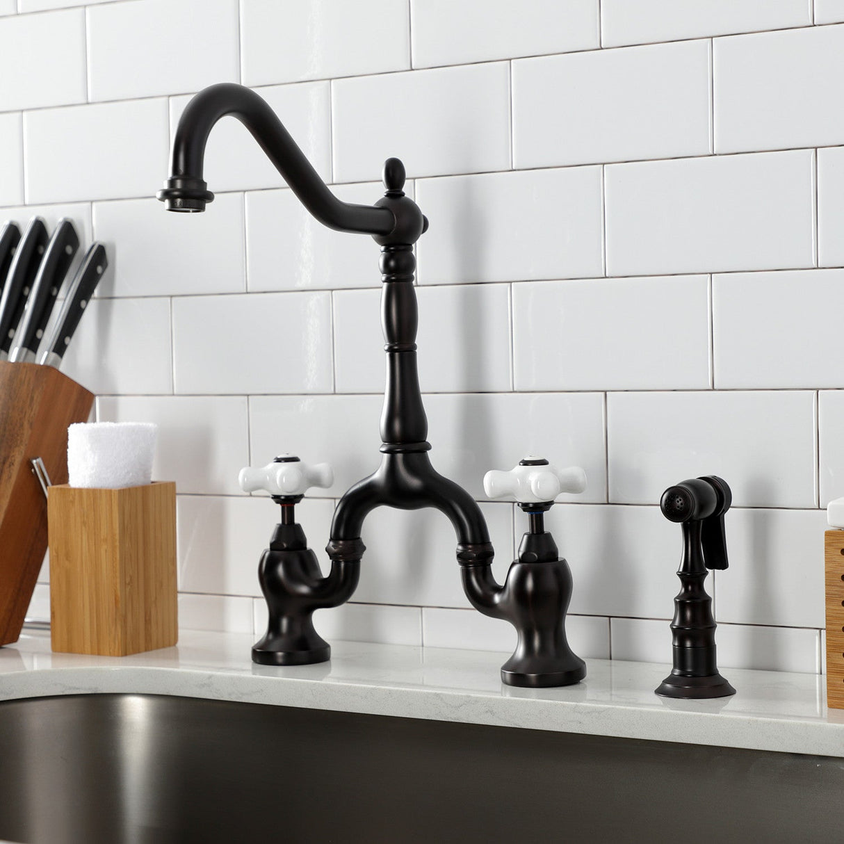 English Country KS7755PXBS Two-Handle 3-Hole Deck Mount Bridge Kitchen Faucet with Brass Sprayer, Oil Rubbed Bronze
