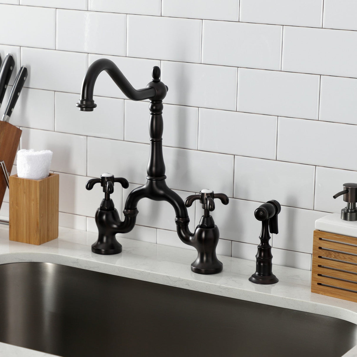 French Country KS7755TXBS Two-Handle 3-Hole Deck Mount Bridge Kitchen Faucet with Brass Sprayer, Oil Rubbed Bronze