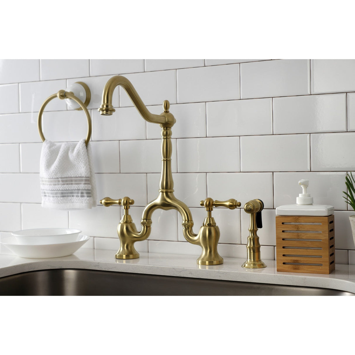 English Country KS7757ALBS Two-Handle 3-Hole Deck Mount Bridge Kitchen Faucet with Brass Sprayer, Brushed Brass