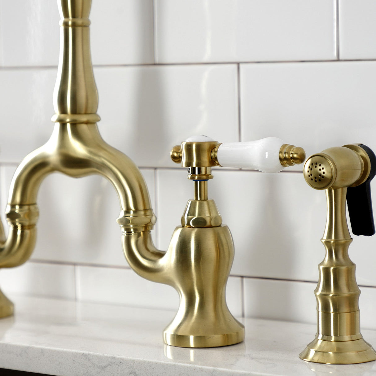 Bel-Air KS7757BPLBS Two-Handle 3-Hole Deck Mount Bridge Kitchen Faucet with Brass Sprayer, Brushed Brass