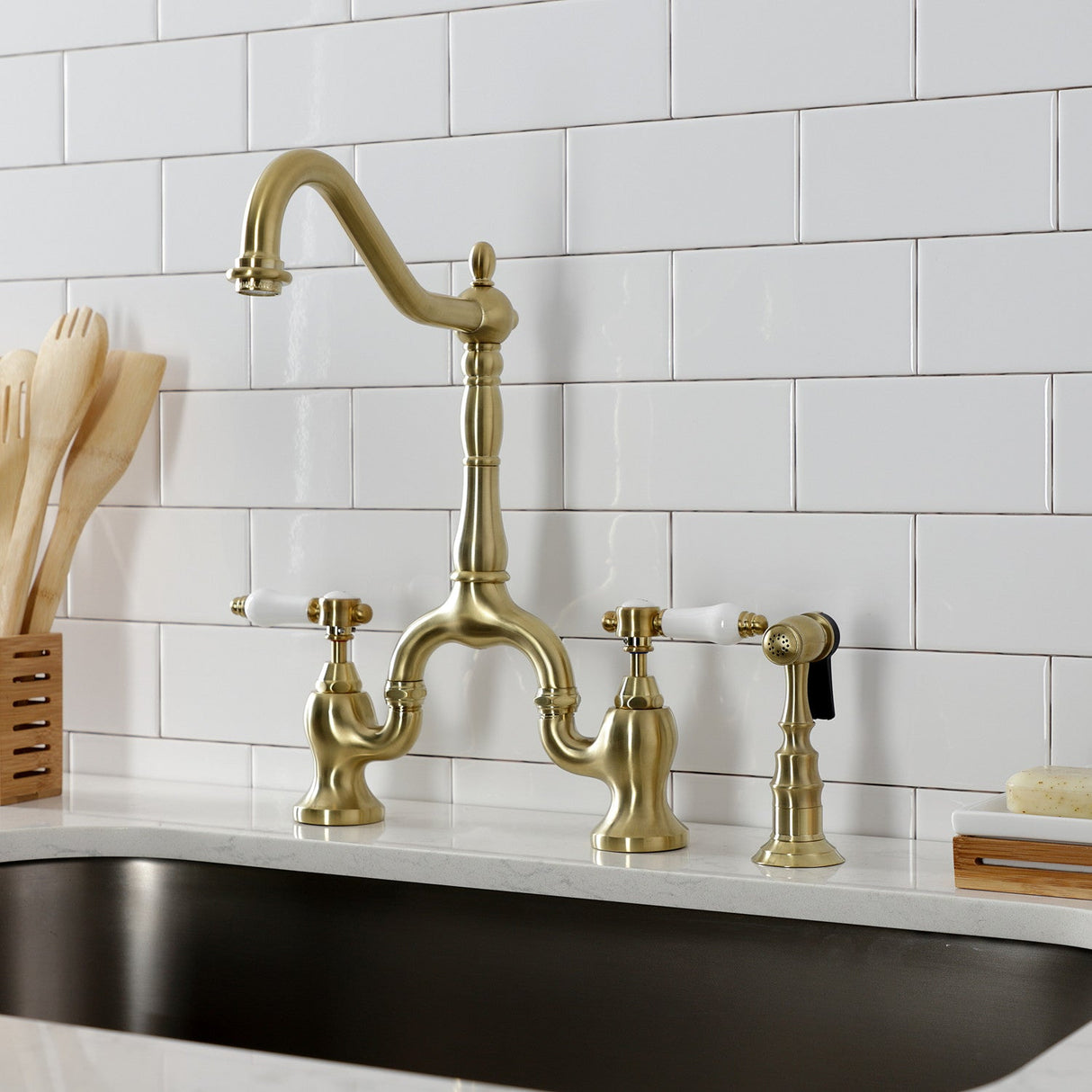 Bel-Air KS7757BPLBS Two-Handle 3-Hole Deck Mount Bridge Kitchen Faucet with Brass Sprayer, Brushed Brass