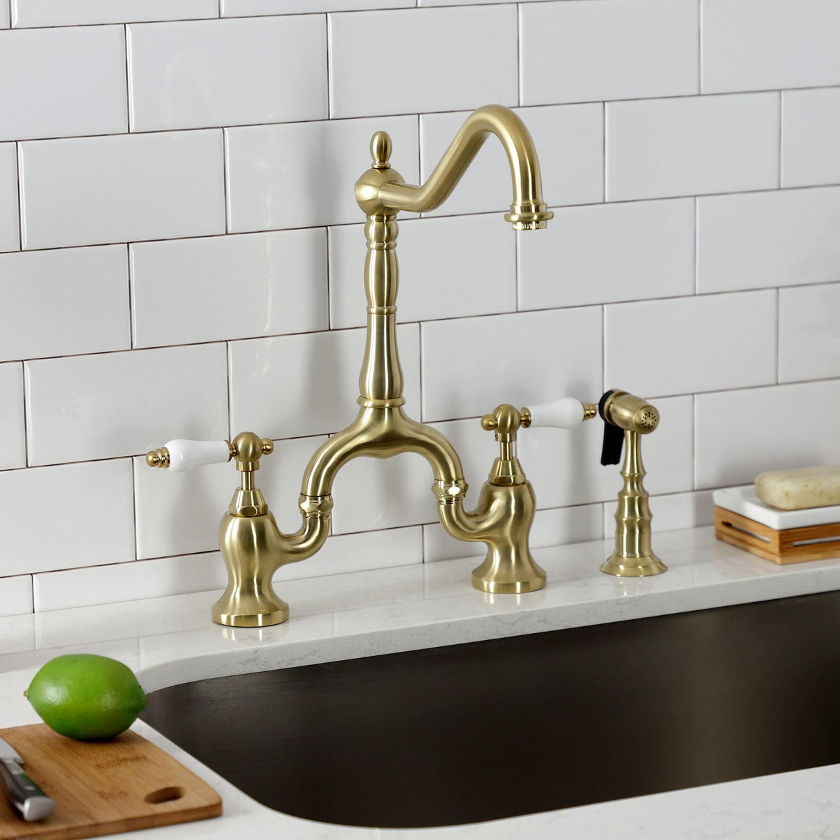 English Country KS7757PLBS Two-Handle 3-Hole Deck Mount Bridge Kitchen Faucet with Brass Sprayer, Brushed Brass