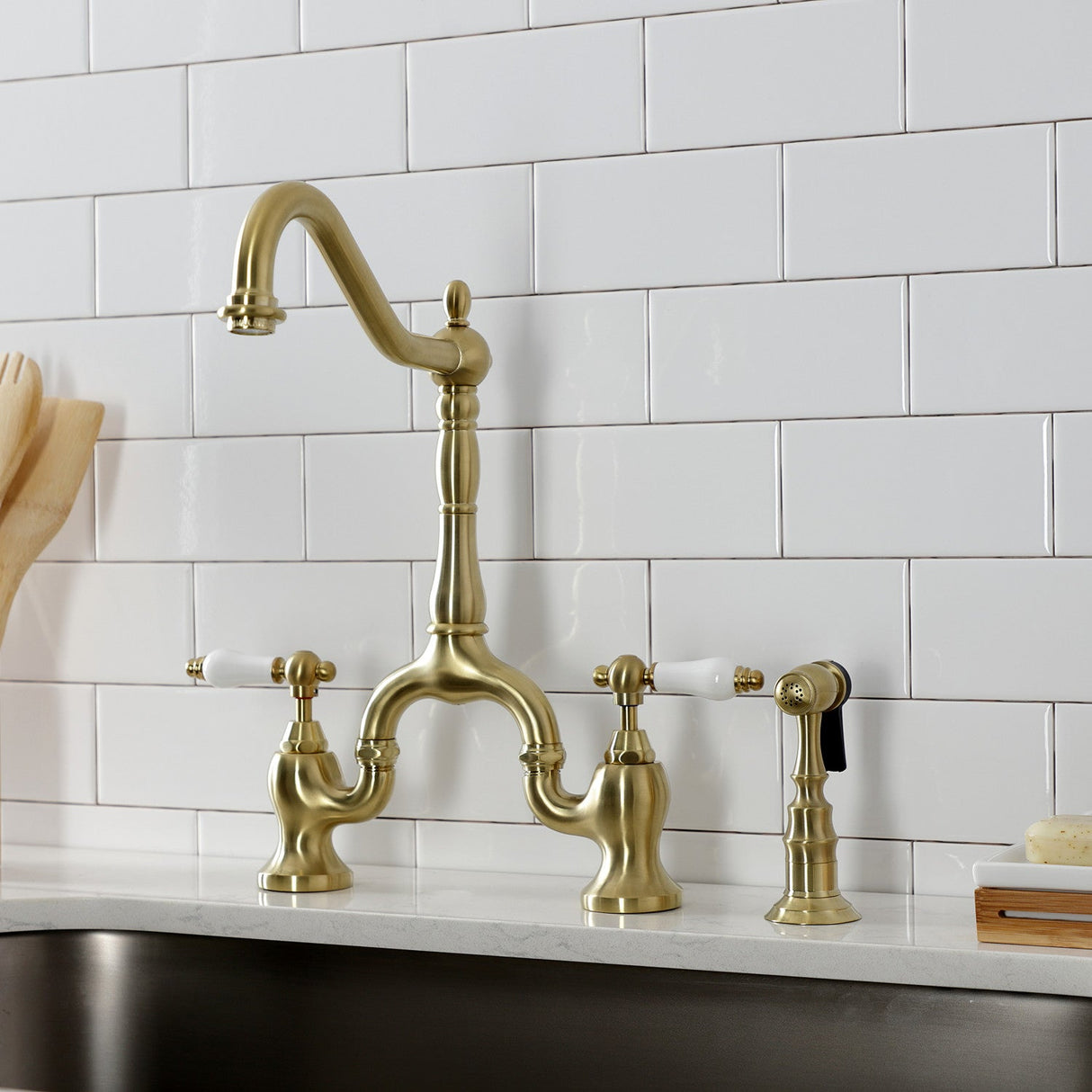 English Country KS7757PLBS Two-Handle 3-Hole Deck Mount Bridge Kitchen Faucet with Brass Sprayer, Brushed Brass