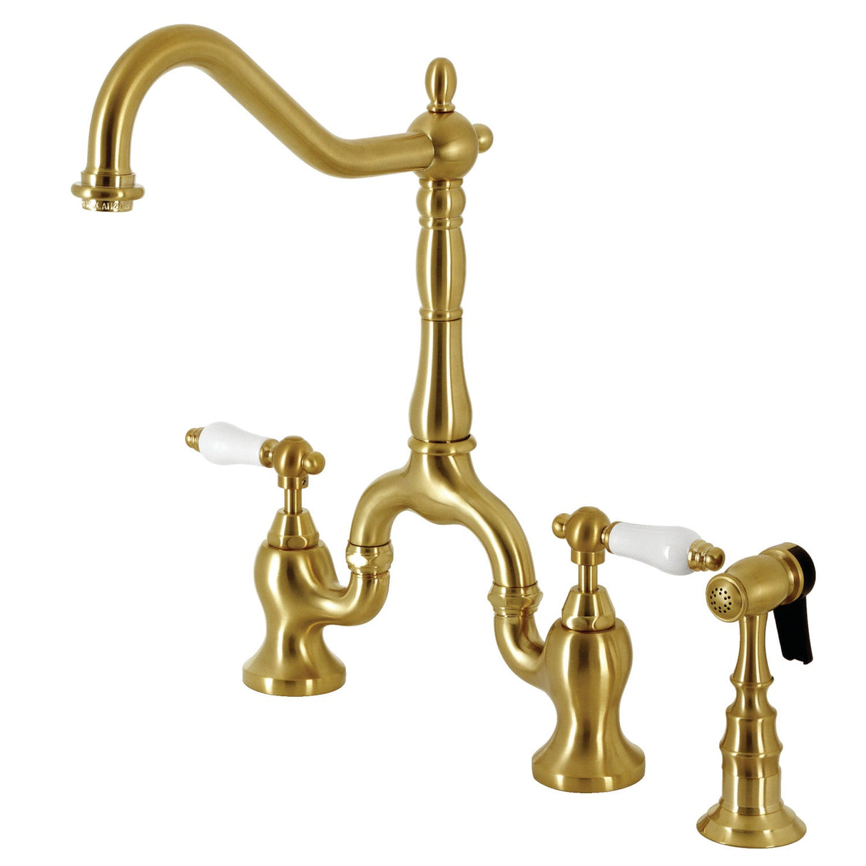 English Country KS7757PLBS Two-Handle 3-Hole Deck Mount Bridge Kitchen Faucet with Brass Sprayer, Brushed Brass