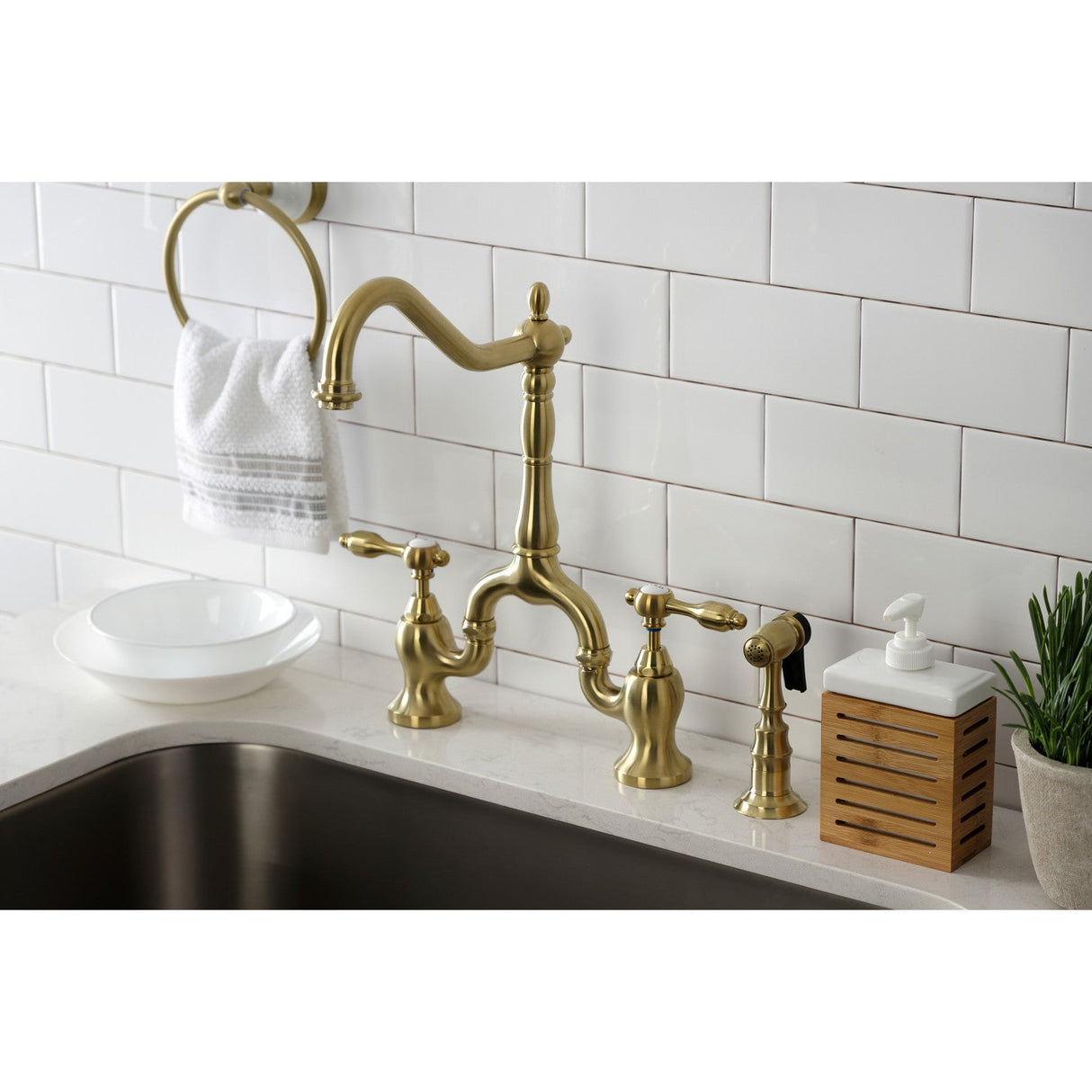 Tudor KS7757TALBS Two-Handle 3-Hole Deck Mount Bridge Kitchen Faucet with Brass Sprayer, Brushed Brass