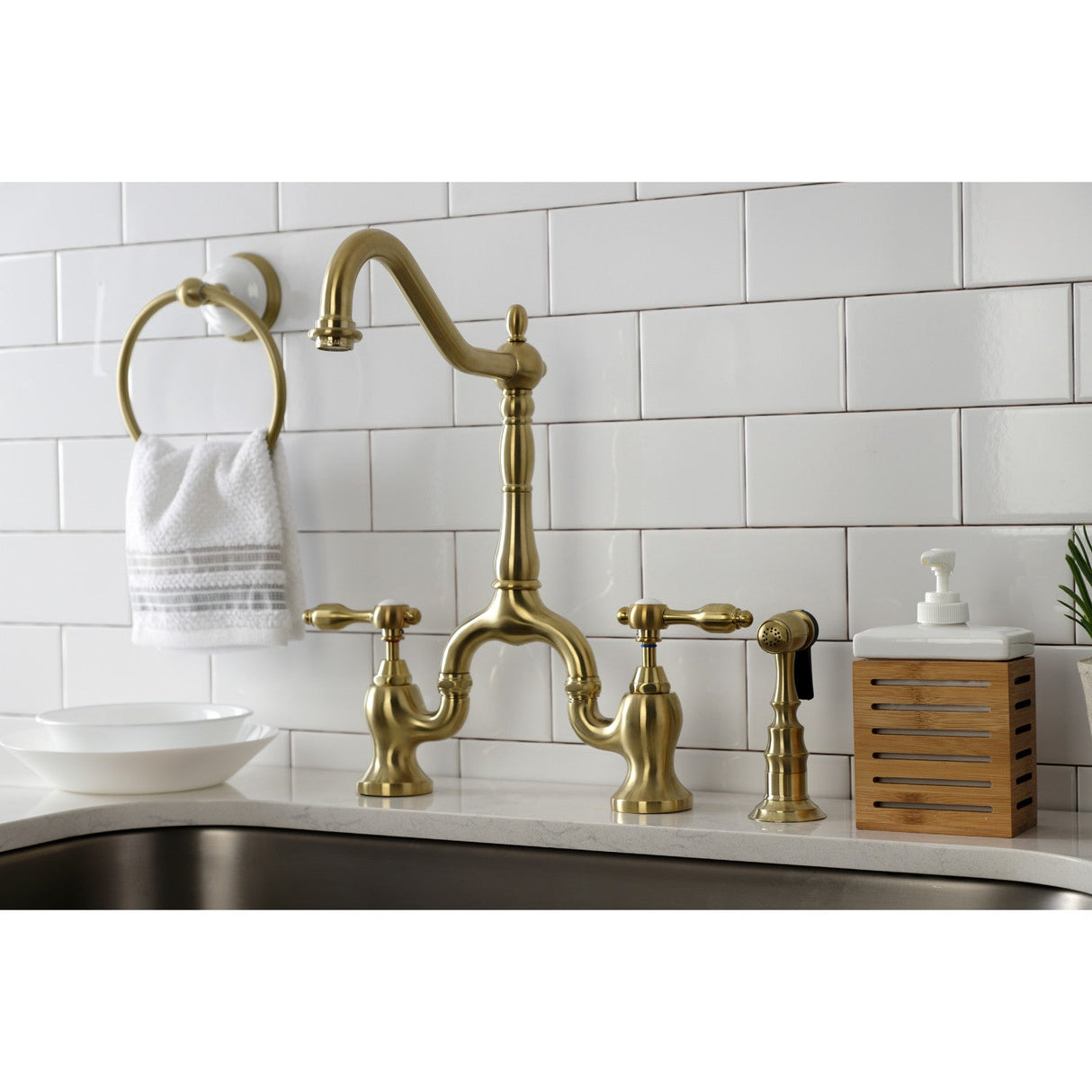 Tudor KS7757TALBS Two-Handle 3-Hole Deck Mount Bridge Kitchen Faucet with Brass Sprayer, Brushed Brass