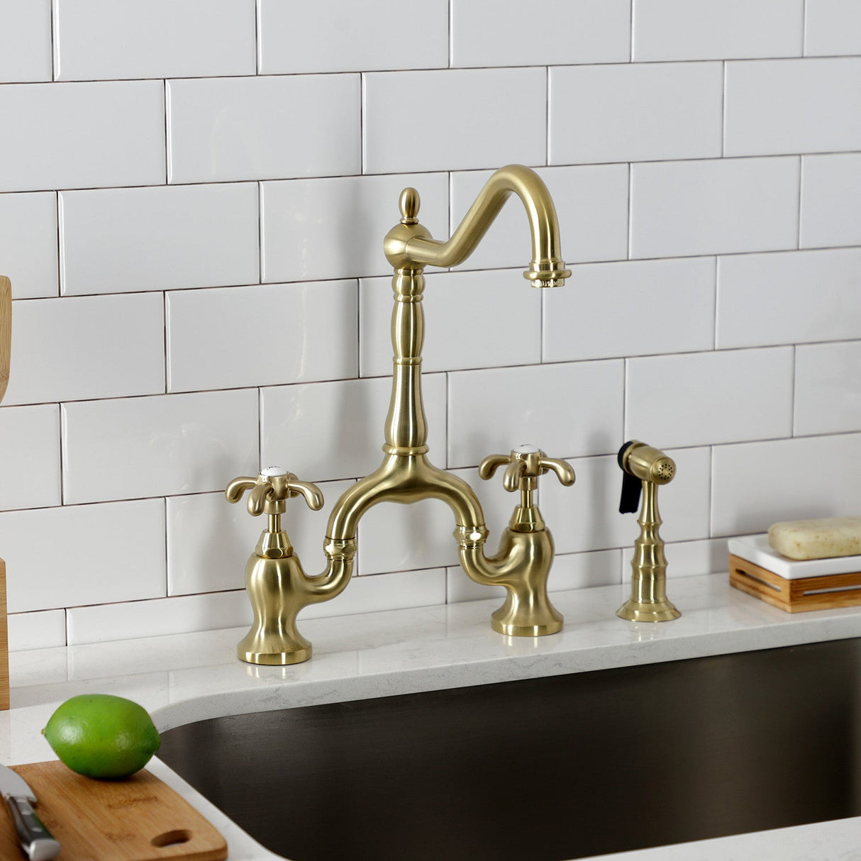 French Country KS7757TXBS Two-Handle 3-Hole Deck Mount Bridge Kitchen Faucet with Brass Sprayer, Brushed Brass