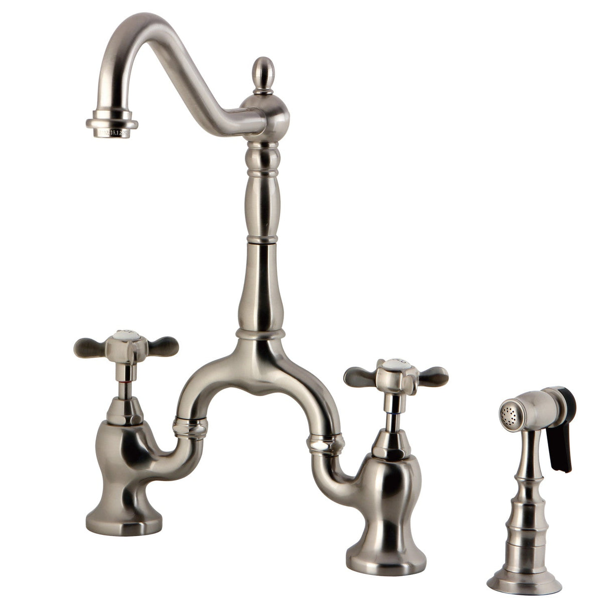 Essex KS7758BEXBS Two-Handle 3-Hole Deck Mount Bridge Kitchen Faucet with Brass Sprayer, Brushed Nickel