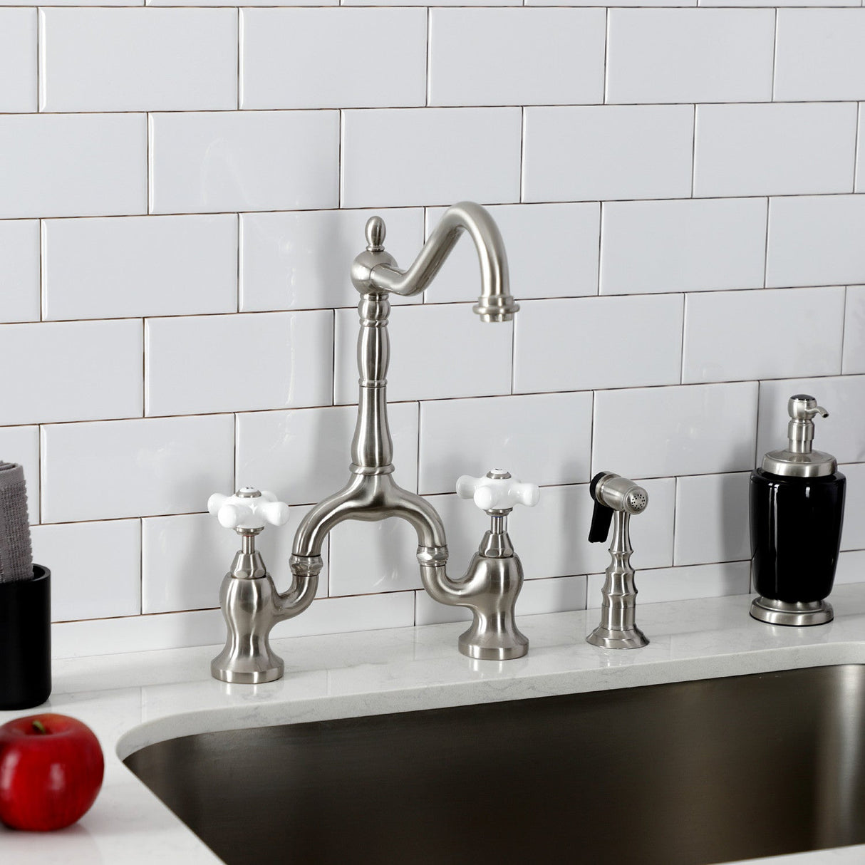 English Country KS7758PXBS Two-Handle 3-Hole Deck Mount Bridge Kitchen Faucet with Brass Sprayer, Brushed Nickel
