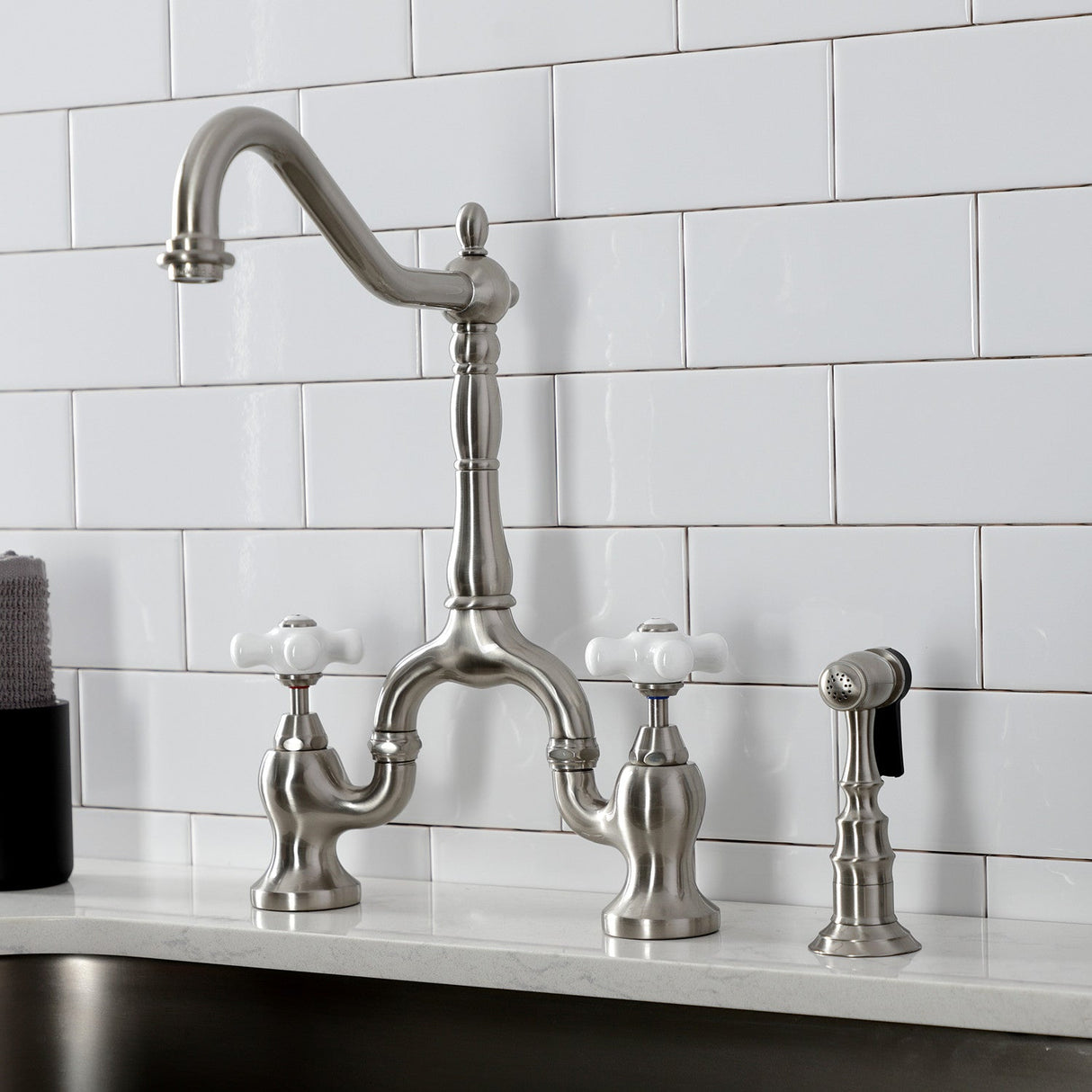 English Country KS7758PXBS Two-Handle 3-Hole Deck Mount Bridge Kitchen Faucet with Brass Sprayer, Brushed Nickel