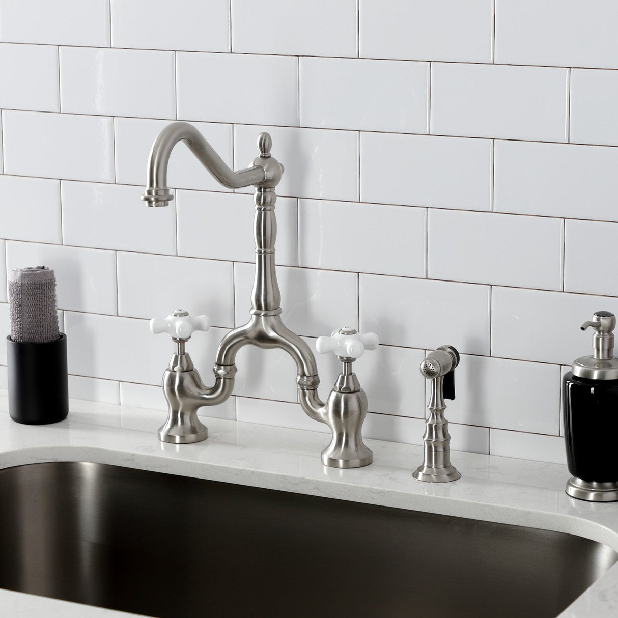 English Country KS7758PXBS Two-Handle 3-Hole Deck Mount Bridge Kitchen Faucet with Brass Sprayer, Brushed Nickel