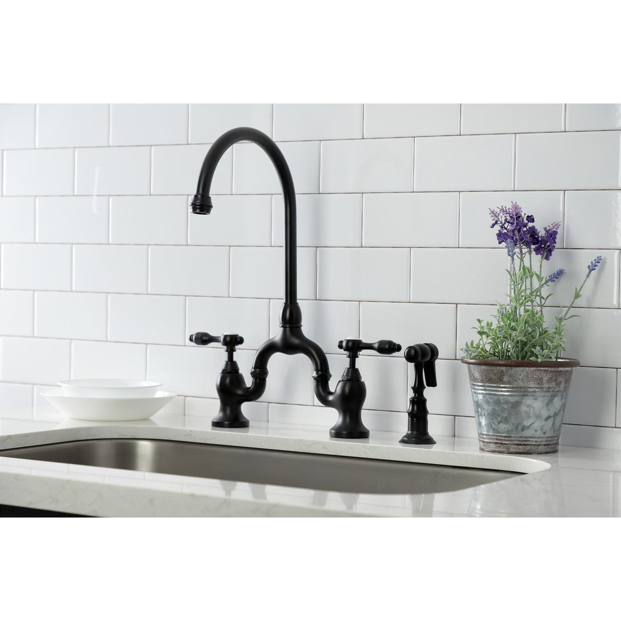 Tudor KS7790TALBS Deck Mount Bridge Kitchen Faucet, Matte Black